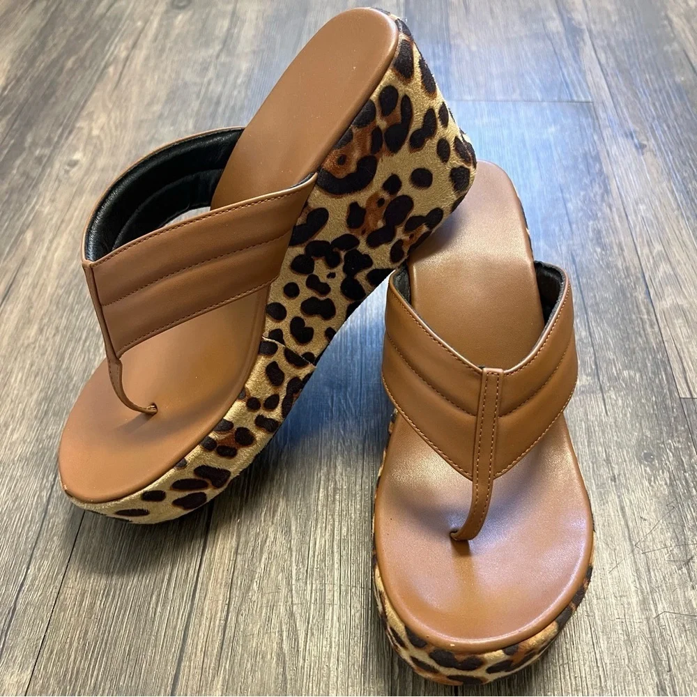 SHEIN Women’s Wedges Leopard Print Platform Sandals Flip Flops Shoes Summer 8